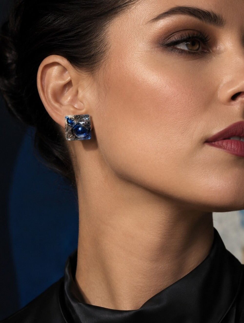 Blue Blown Glass Square Pierced Stud Earrings 1” Artisan Statement Earrings